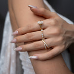 Close-up of a hand wearing ciel ring, celeste ring and vera ring with a blurred background