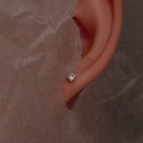 Close-up of an ear with a Mossanaite stud on a textured brown beige background