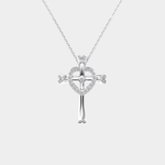 Silver cross necklace with heart design on a white background