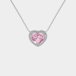 Heart-shaped pink gemstone necklace on a light gray background