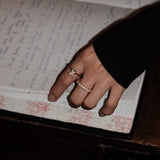 Hand with elodie ring and dues ring on an open book filled with handwritten text